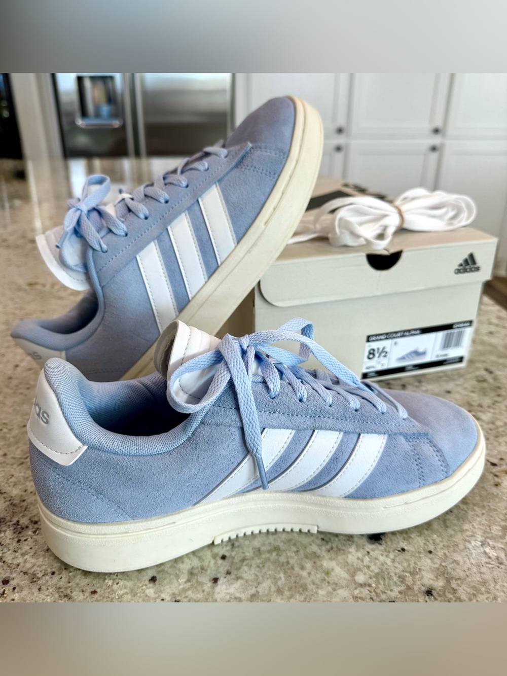 Adidas Grand Court Alpha Light Blue Suede Sneakers with White Stripes - Picture 6 of 11